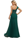 Rubi Trumpet/Mermaid One Shoulder Floor-Length Chiffon Lace Evening Dress With Pleated Sequins STIP0020863