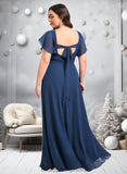 America A-line V-Neck Floor-Length Chiffon Bridesmaid Dress With Ruffle STIP0025802