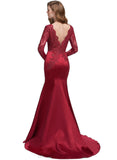 Ivy Trumpet/Mermaid V-Neck Sweep Train Lace Satin Prom Dresses With Sequins STIP0020931