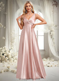 Frederica A-line V-Neck Floor-Length Stretch Satin Bridesmaid Dress STIP0025779