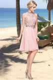 Janae A-line High Neck Knee-Length Chiffon Lace Homecoming Dress With Beading Sequins STIP0020596