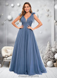 Kamari A-line V-Neck Sweep Train Tulle Prom Dresses With Bow STIP0025854