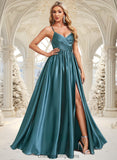 Lena A-line V-Neck Floor-Length Stretch Satin Bridesmaid Dress STIP0025786