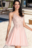 Avery A-line V-Neck Short/Mini Tulle Homecoming Dress With Beading STIP0020538