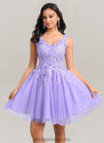 Rosalyn Ball-Gown/Princess V-Neck Short Lace Tulle Homecoming Dress With Flower STIP0025656