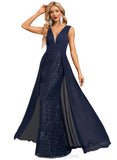 Violet Trumpet/Mermaid V-Neck Floor-Length Chiffon Lace Sequin Evening Dress With Pleated STIP0020783