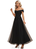 Natasha A-line Off the Shoulder Ankle-Length Chiffon Tulle Evening Dress With Beading Sequins STIP0020920