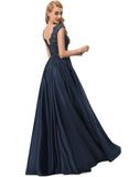 Evelin Ball-Gown/Princess Scoop Floor-Length Satin Prom Dresses With Beading Bow Sequins STIP0020874