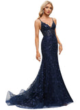 Natalie Trumpet/Mermaid V-Neck Sweep Train Lace Prom Dresses With Sequins STIP0020940