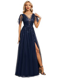 Rosalind A-line Scoop Illusion Floor-Length Lace Tulle Evening Dress With Sequins STIP0020926