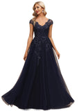 Estrella A-line V-Neck Floor-Length Lace Tulle Evening Dress With Sequins STIP0020861