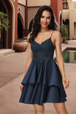 Katelynn A-line V-Neck Short/Mini Lace Satin Homecoming Dress STIP0020504