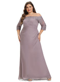 Ashleigh Sheath/Column Off the Shoulder Floor-Length Chiffon Lace Evening Dress With Pleated STIP0020860