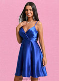 Alula A-line V-Neck Short Stretch Satin Homecoming Dress With Pleated STIP0025705