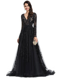 Cali Ball-Gown/Princess V-Neck Sweep Train Lace Tulle Evening Dress With Sequins STIP0020881