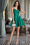 Kennedy A-line V-Neck Short/Mini Satin Homecoming Dress With Ruffle STIP0020539