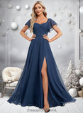 America A-line V-Neck Floor-Length Chiffon Bridesmaid Dress With Ruffle STIP0025802