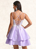 Ayanna A-line V-Neck Short Satin Homecoming Dress With Appliques Lace STIP0025696