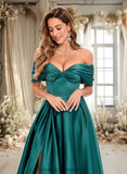 Lucile A-line Off the Shoulder Floor-Length Satin Prom Dresses With Pleated STIP0025851