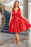 Kiersten A-line V-Neck Short/Mini Satin Homecoming Dress With Bow STIP0020583