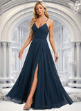 Jaelyn A-line V-Neck Floor-Length Chiffon Prom Dresses With Pleated STIP0025830