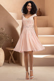 Amiya A-line V-Neck Knee-Length Chiffon Lace Homecoming Dress With Beading STIP0020565