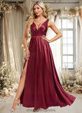 Jess A-line V-Neck Floor-Length Stretch Satin Bridesmaid Dress STIP0025771