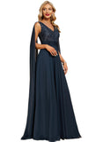 Kristina A-line V-Neck Floor-Length Chiffon Lace Evening Dress With Sequins STIP0020990