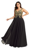 Shiloh A-line V-Neck Floor-Length Chiffon Lace Evening Dress STIP0020959