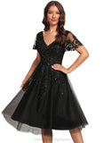 Ariana A-line V-Neck Knee-Length Lace Tulle Cocktail Dress With Sequins STIP0020878