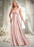 Frederica A-line V-Neck Floor-Length Stretch Satin Bridesmaid Dress STIP0025779