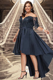 Princess A-line Off the Shoulder Asymmetrical Lace Satin Homecoming Dress With Sequins STIP0020580