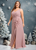 Haylie A-line V-Neck Floor-Length Chiffon Bridesmaid Dress STIP0025820