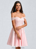 Daisy A-line Off the Shoulder Short Satin Homecoming Dress With Rhinestone Beading Appliques Lace STIP0025679