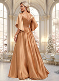 Mackenzie A-line V-Neck Floor-Length Stretch Satin Bridesmaid Dress STIP0025793