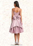 Micaela A-line V-Neck Asymmetrical Satin Homecoming Dress With Bow Pleated STIP0025699