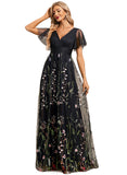 Jayden A-line V-Neck Floor-Length Lace Tulle Evening Dress With Pleated STIP0020797