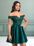 Seraphina A-line Off the Shoulder Short Lace Satin Homecoming Dress With Rhinestone STIP0025718