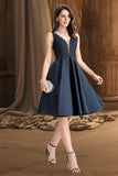 Madelyn A-line V-Neck Knee-Length Lace Satin Homecoming Dress With Beading STIP0020517