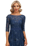 Hope A-line Boat Neck Illusion Tea-Length Chiffon Lace Cocktail Dress With Sequins STIP0020846