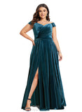 Paola A-line Off the Shoulder Floor-Length Velvet Evening Dress With Pleated STIP0020913