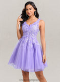 Rosalyn Ball-Gown/Princess V-Neck Short Lace Tulle Homecoming Dress With Flower STIP0025656