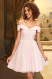 Jordan A-line Off the Shoulder V-Neck Short/Mini Tulle Stretch Crepe Homecoming Dress STIP0020526