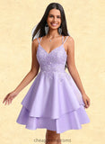 April A-line V-Neck Short Satin Homecoming Dress With Appliques Lace STIP0025692