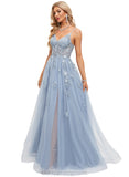 Alyvia A-line V-Neck Floor-Length Tulle Prom Dresses STIP0020869