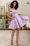 Jaliyah A-line Off the Shoulder Short/Mini Satin Homecoming Dress With Bow STIP0020568