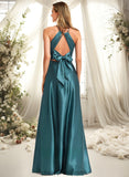 Addisyn A-line Halter Floor-Length Stretch Satin Bridesmaid Dress STIP0025731