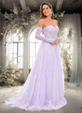 Marely A-line Sweetheart Sweep Train Tulle Prom Dresses With Sequins Appliques Lace STIP0025856