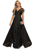 Aurora Sheath/Column V-Neck Illusion Floor-Length Chiffon Lace Sequin Evening Dress STIP0020912