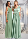 Hallie A-line V-Neck Floor-Length Stretch Satin Bridesmaid Dress With Bow STIP0025737